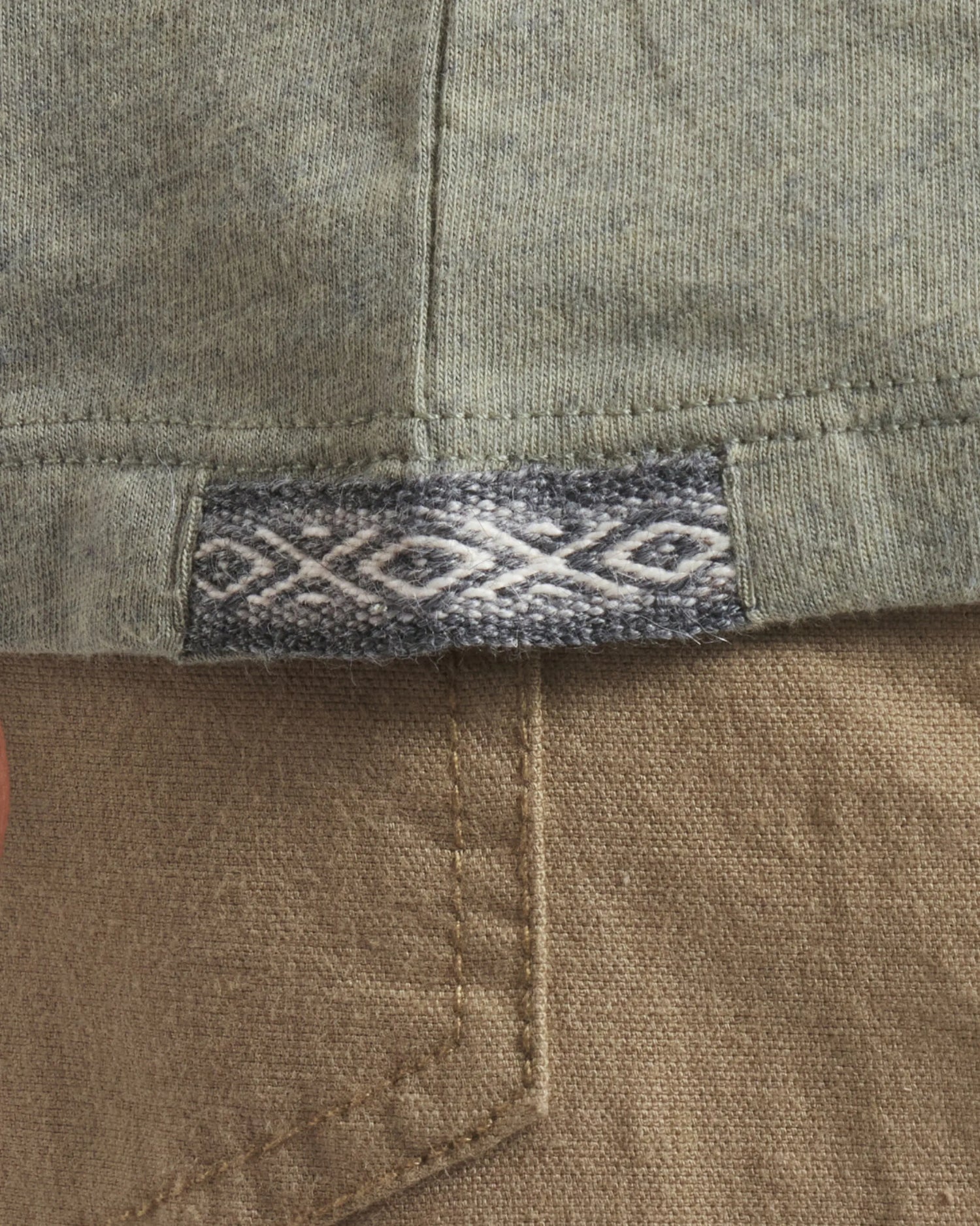 Close-up of Men’s Essential Tee showcasing woven Inca ID hem tag and knit fabric texture with tan pants pocket background
