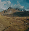 Herd of alpacas grazing on grassy Andean mountain slopes beneath a cloudy blue sky