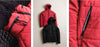 Three-panel view of red Huascarán jacket showing front view and close-up zipper and pocket details on white background