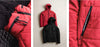 Three-panel view of Huascarán red jacket showing center front on a hanger with hood and close-ups of zippered pockets and stitching on white background