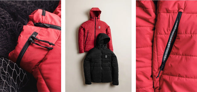Three-panel view of Huascarán red jacket showing center front on a hanger with hood and close-ups of zippered pockets and stitching on white background