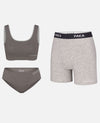 Front flat-lay of alpaca underwear: women’s bralette and brief plus men’s boxer in heather gray, soft knit with elastic band