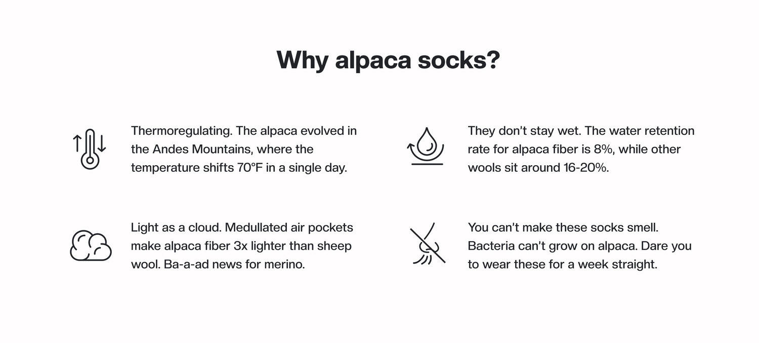 Infographic titled ‘Why alpaca socks?’ listing four benefits: thermoregulating; 8% water retention vs 16–20%; very lightweight; naturally odor resistant