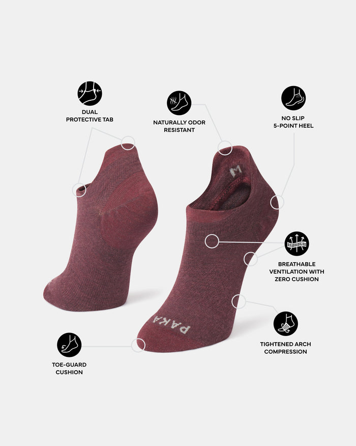 Angled front and back view of Trail Ankle Socks showcasing no-slip 5-point heel and breathable ventilation on white background