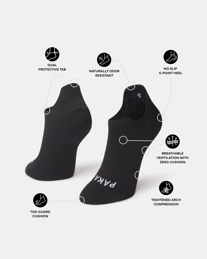 Angled view of Trail Ankle Socks showing low-cut ankle, no-slip 5-point heel, toe-guard cushion, breathable vents on white