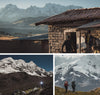 Stone hut in the Andes with snow-capped Ausangate peaks and glaciers under a cloudy sky