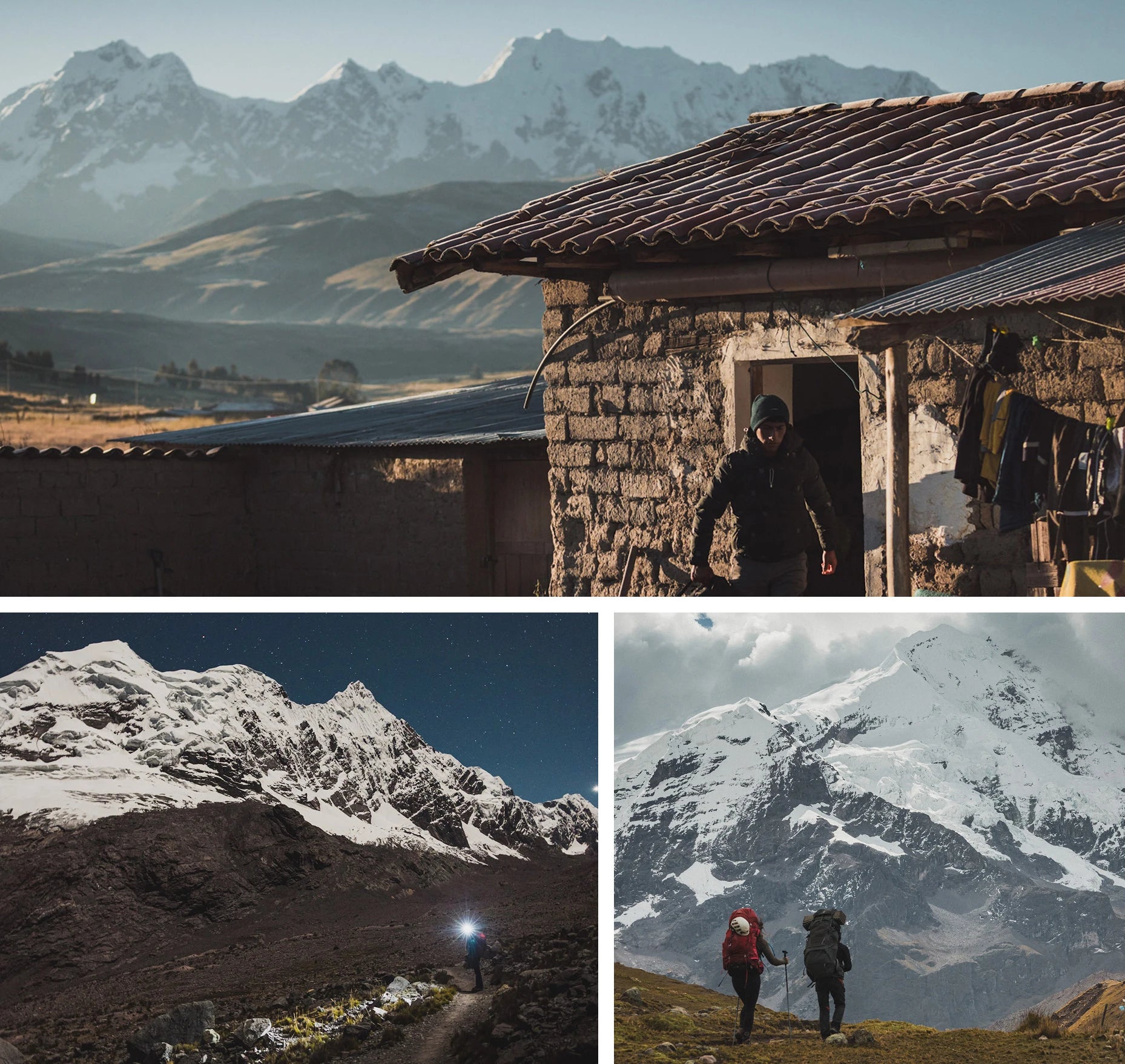 Stone hut in the Andes with snow-capped Ausangate peaks and glaciers under a cloudy sky