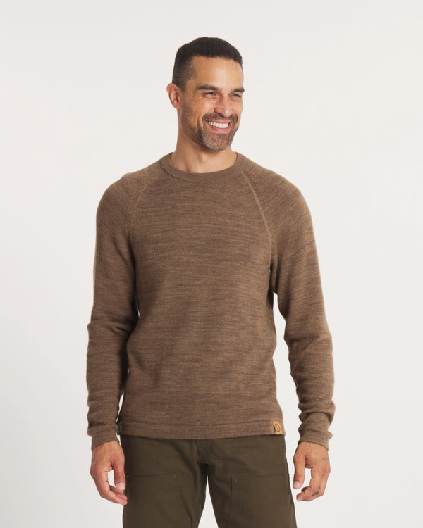 Front view of The Original Crew alpaca crewneck sweater showing relaxed fit and raglan sleeves in cafe heather on white background