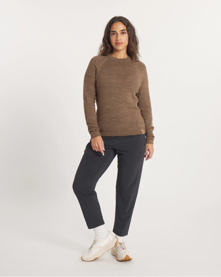 Front view of The Original Crew alpaca crewneck sweater in cafe heather on model highlighting raglan sleeves and relaxed fit