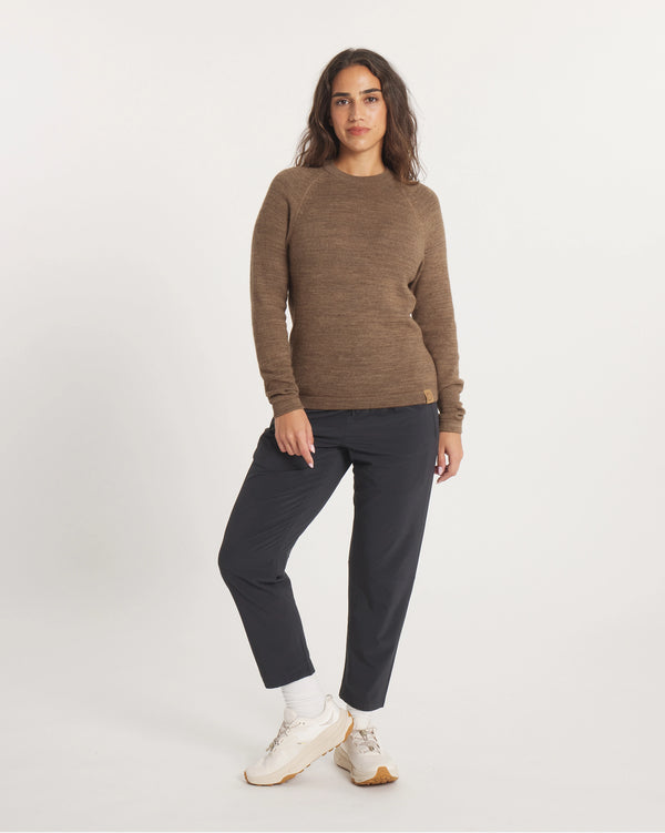 Front view of The Original Crew alpaca crewneck sweater in cafe heather on model highlighting raglan sleeves and relaxed fit