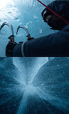 Person ice climbing inside a vertical glacier moulin with blue ice walls and a shaft of light above