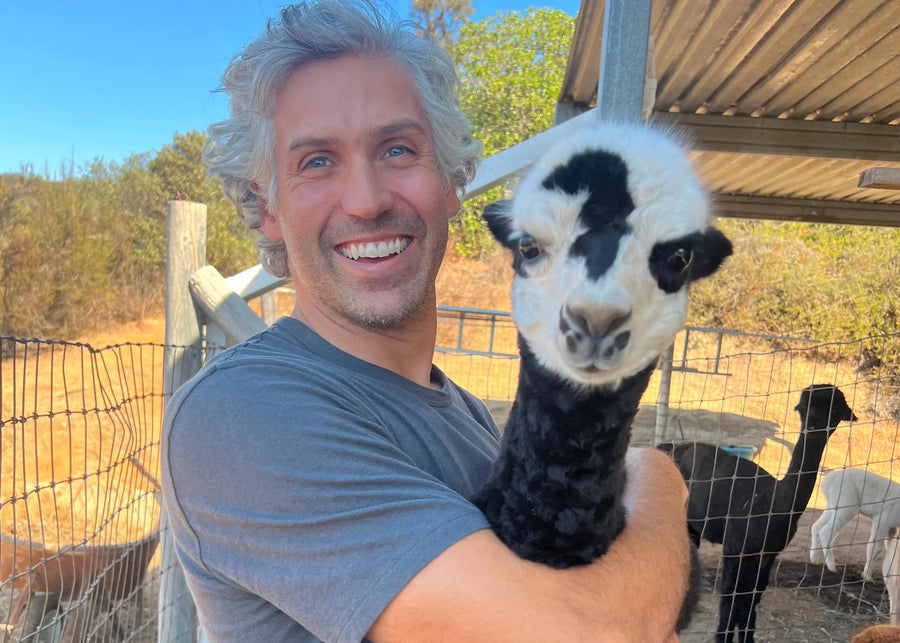 Man holding a black and white baby alpaca in an outdoor setting with other animals and trees in the background.