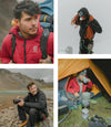 Four-photo collage of people wearing Paka outdoor jackets hiking, backpacking, and camping in mountain settings