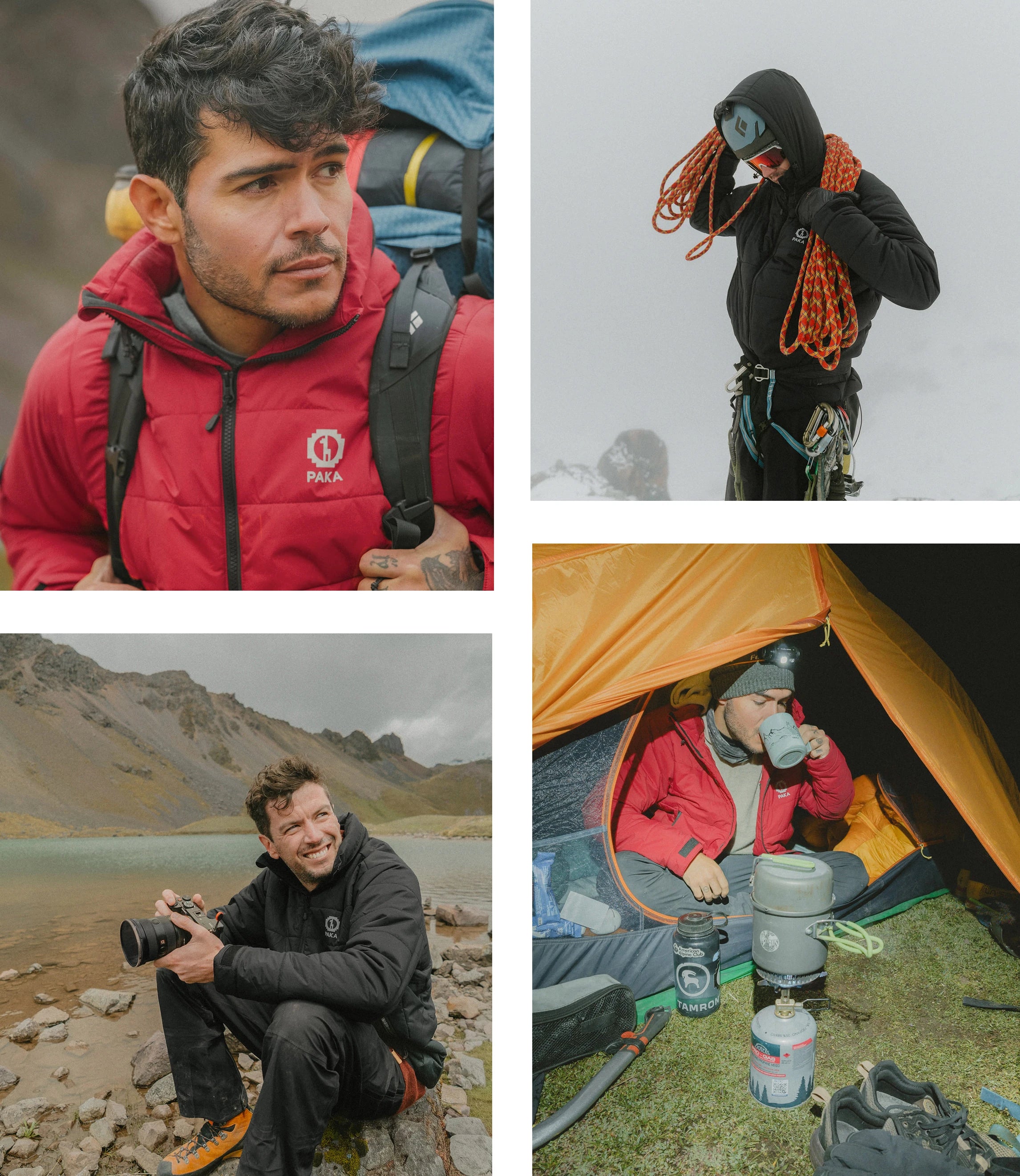 Four-photo collage of people wearing Paka outdoor jackets hiking, backpacking, and camping in mountain settings