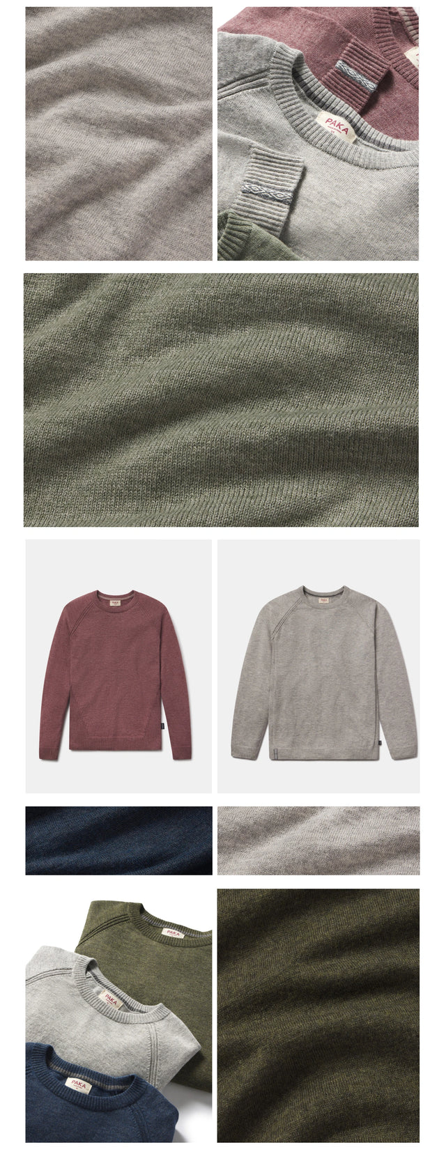 Collage of alpaca-blend ultralight crewneck sweaters showcasing close-up CoolMax fabric texture and color options on white background