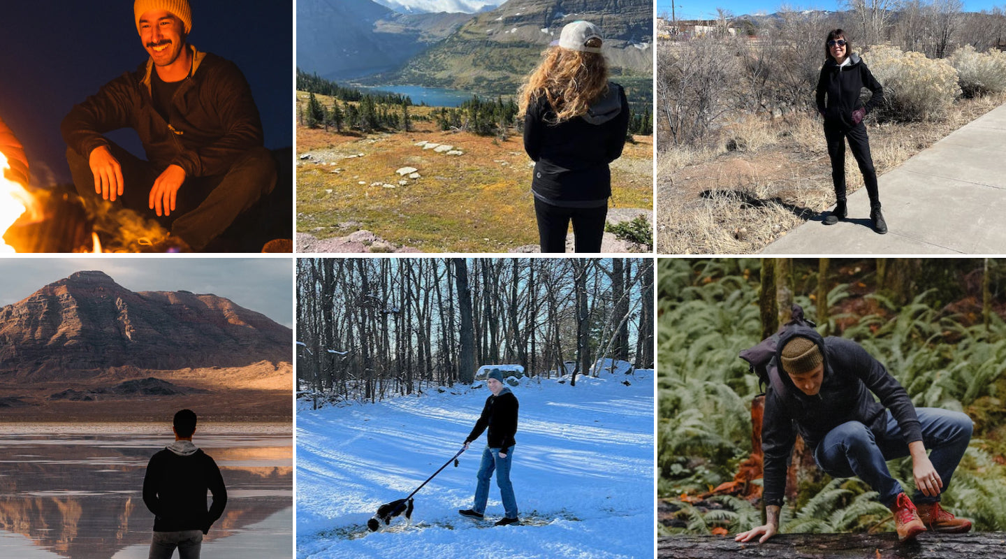 People hiking, running, and camping in mountain and trail settings