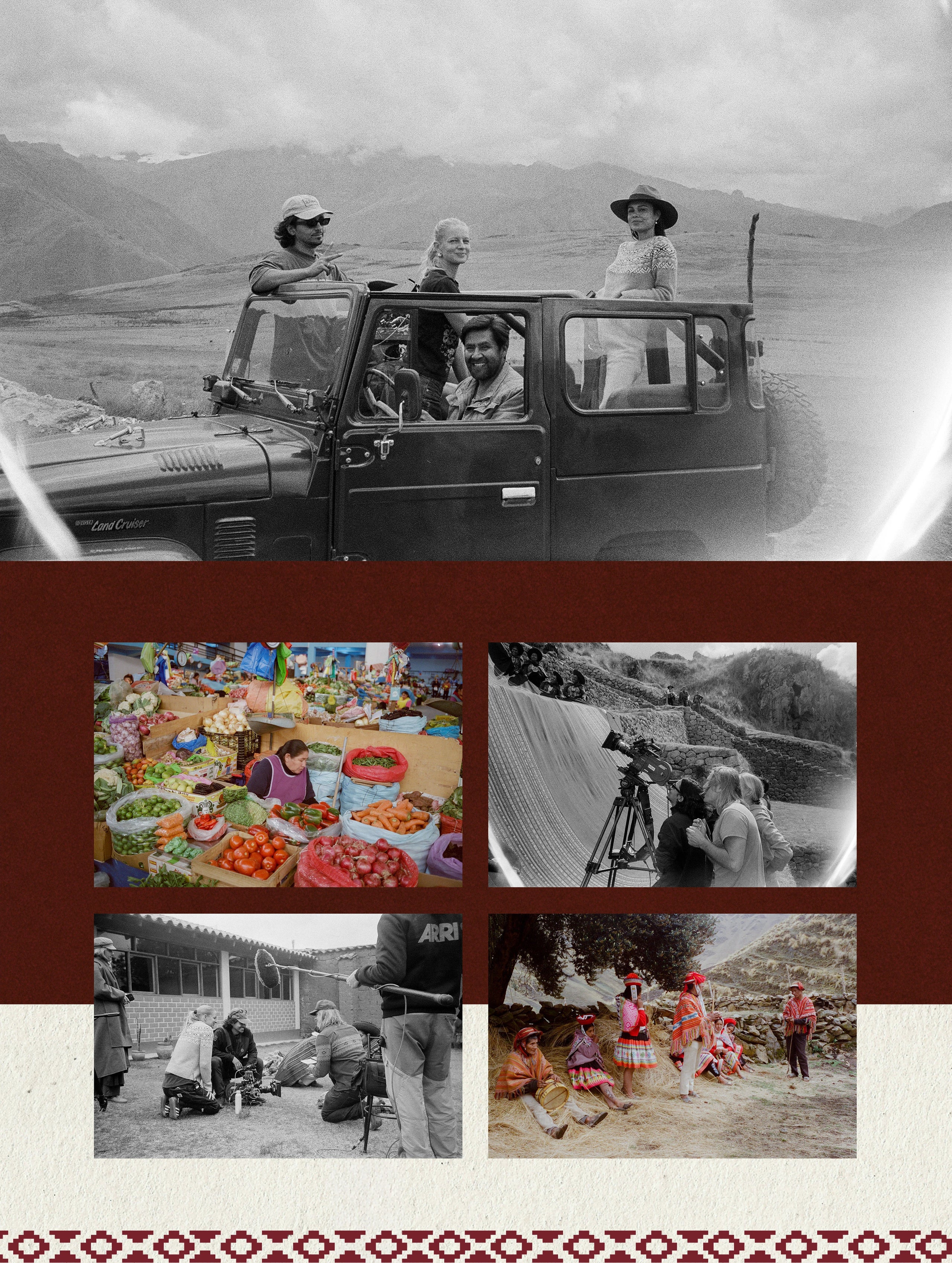 Collage of 16mm film stills and photos showing Andean weavers, a small boat scene, and colorful textiles evoking the Yachapa documentary