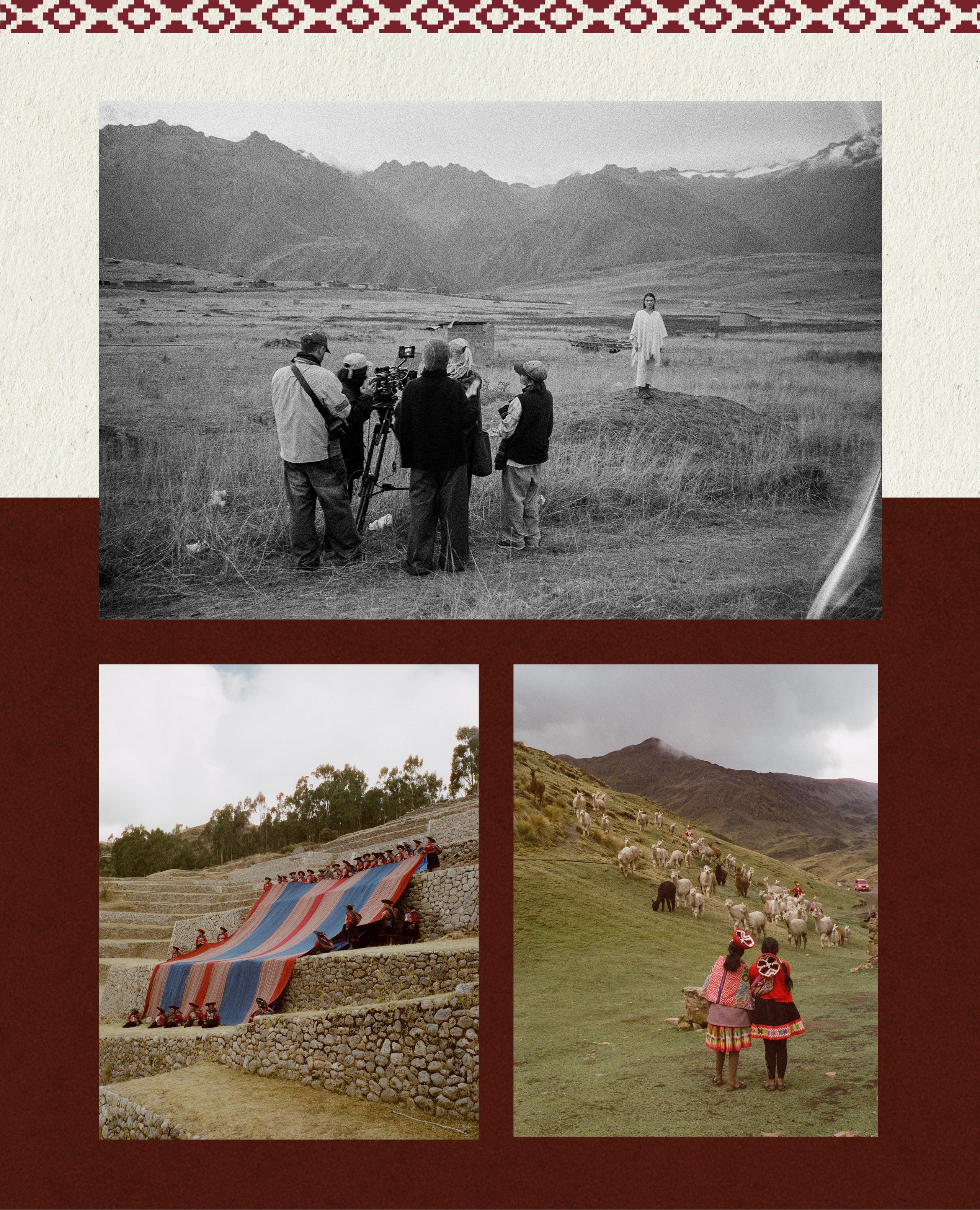 Three-photo collage of Andean people and weavers working and posing in mountain landscapes