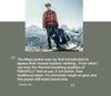 Man in orange jacket sitting on rocky shoreline with overlaid quote about high-altitude wind