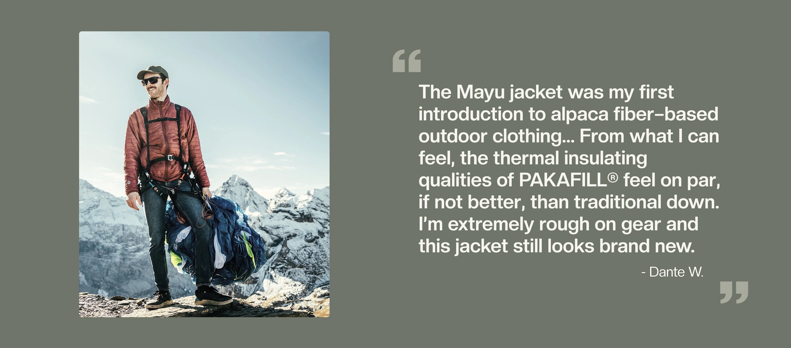 Quote card with a photo and text summarizing tests of the Mayu Ultralight in alpine, bikepacking, and Arctic conditions