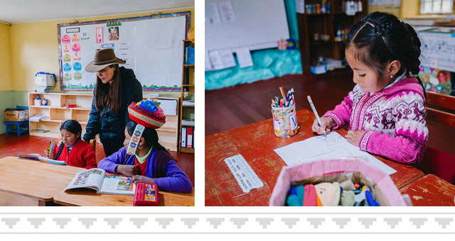 Two Peruvian schoolchildren learning in a classroom with a teacher assisting them; a girl writing at a desk