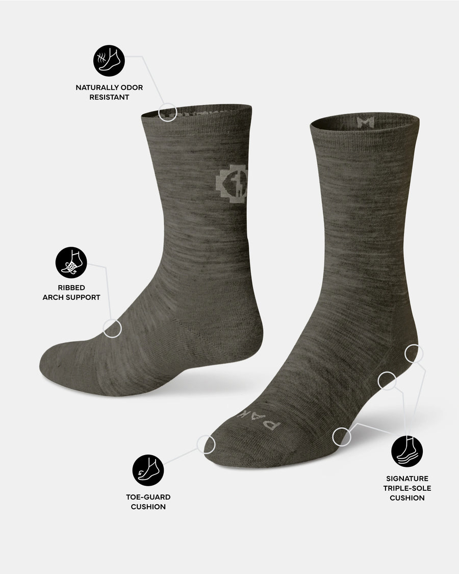 Three-quarter view Essential Crew Socks in Andean Moss with toe-guard, ribbed arch support, and triple-sole cushion