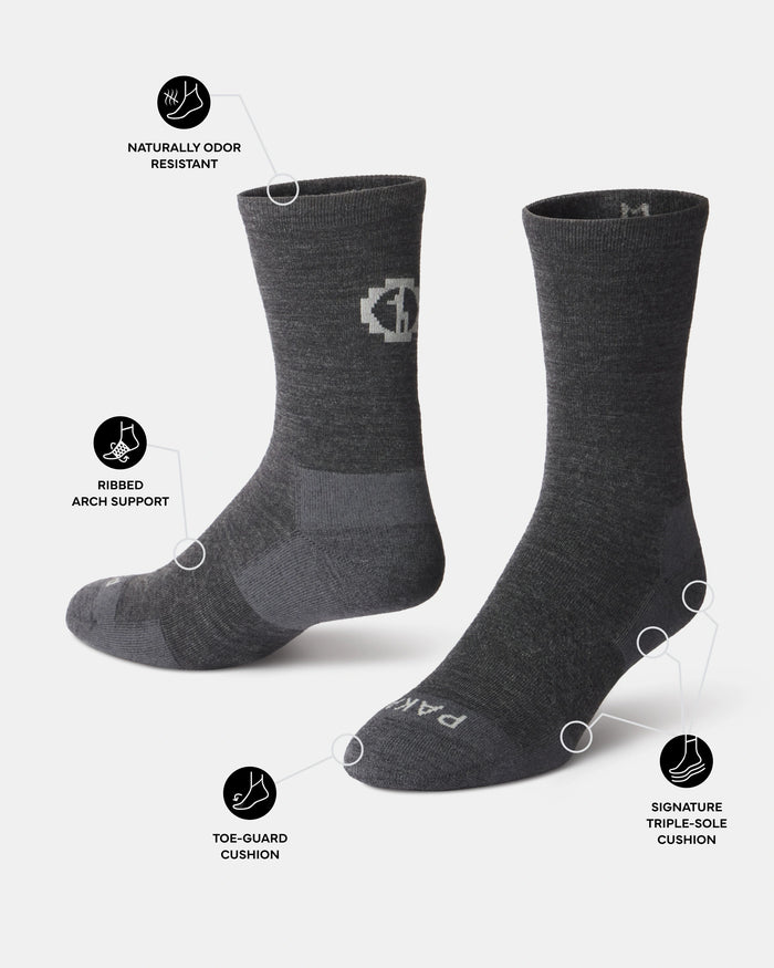 Side and front view of Essential Crew Socks (alpaca) with toe-guard, ribbed arch support, and triple-sole cushion on white