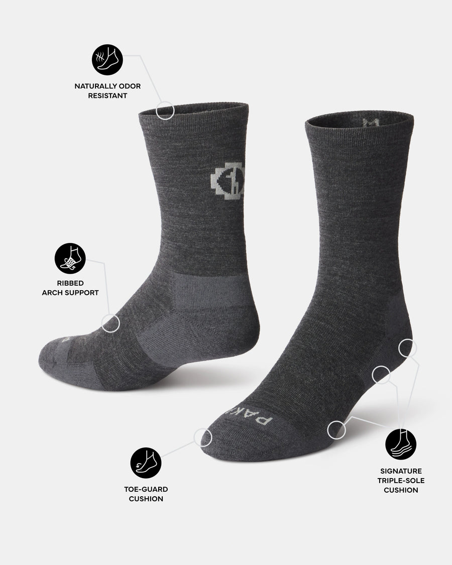 Side and front view of Essential Crew Socks (alpaca) with toe-guard, ribbed arch support, and triple-sole cushion on white