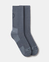 Top view of Essential Crew socks in indigo with reinforced heel and toe and cushioned knit panels on white