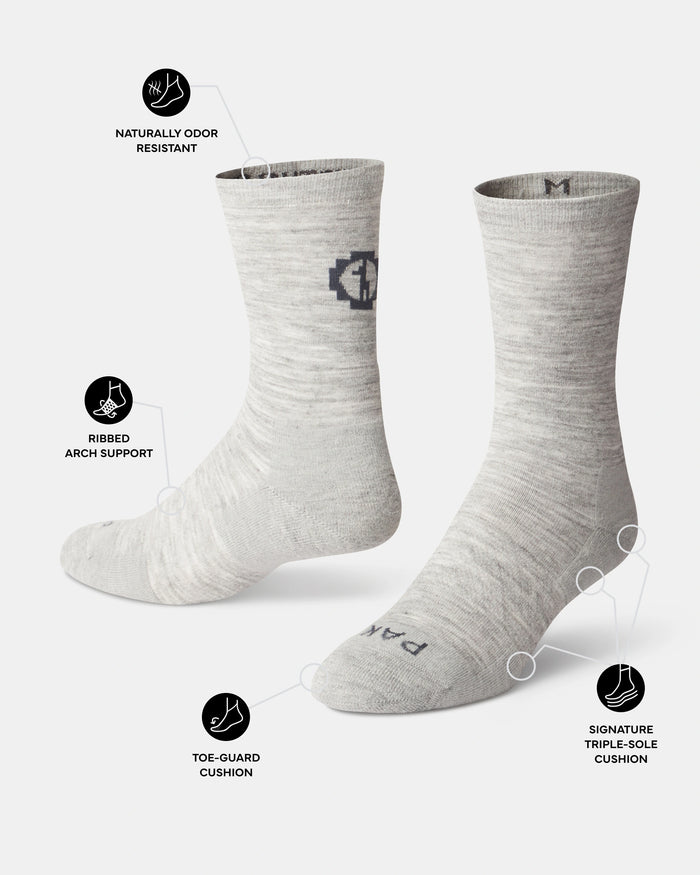 Three-quarter Essential Crew Socks, light gray, showing triple-sole, ribbed arch and Naturally odor resistant label on white