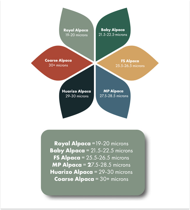 Diagram showing alpaca fiber micron ranges and corresponding quality grades