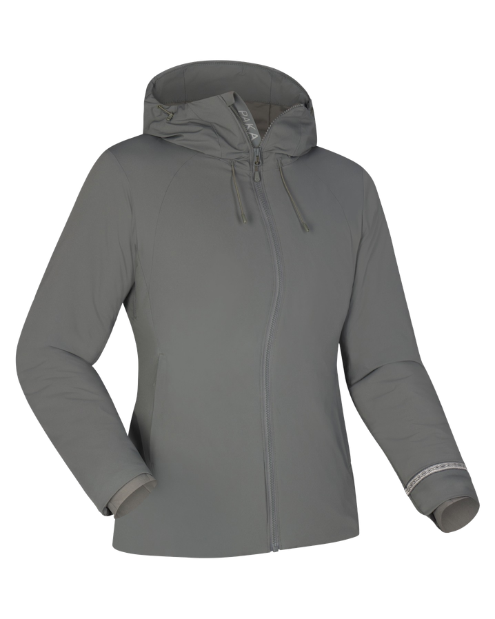 Front view of Women’s Apu Parka in Forage Grey showing attached hood, full-length zipper, side pockets, and inner wrist cuffs