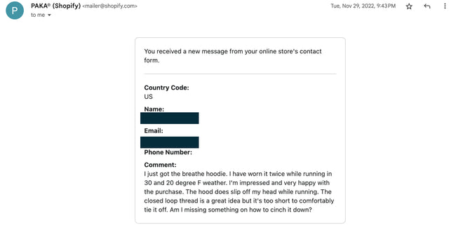 Screenshot showing customer feedback that the Breathe hoodie hood slips off while running