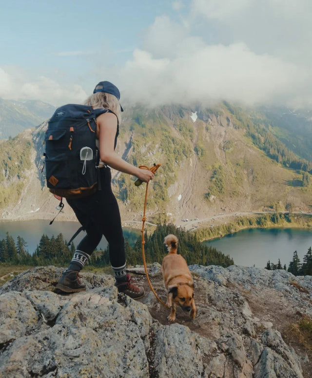 A woman hiking with her dog in a beautiful landscape of mountains, pines and a lake 