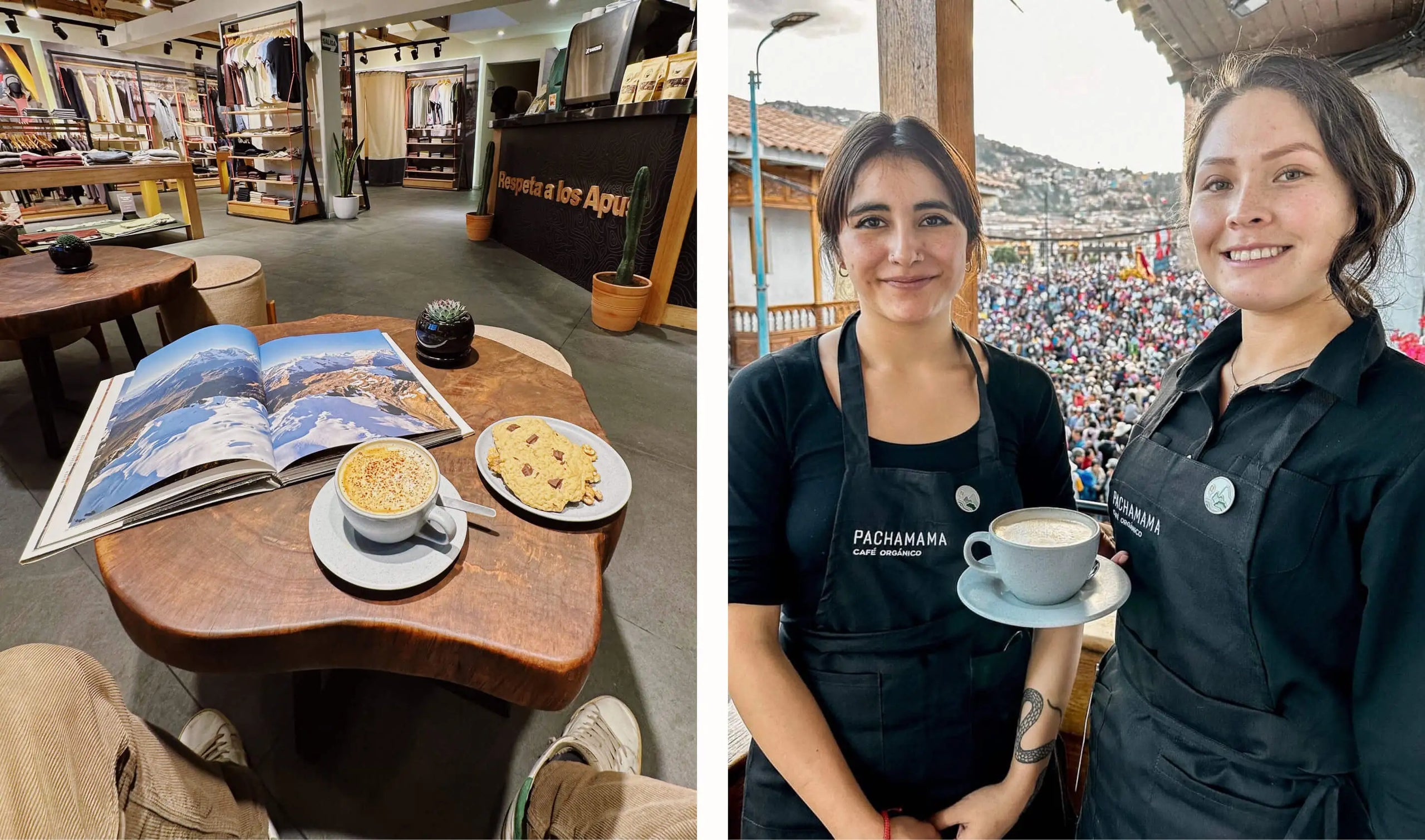 Two people holding coffee and a pastry inside Paka’s Cusco flagship store with knitwear displayed in a sunlit interior