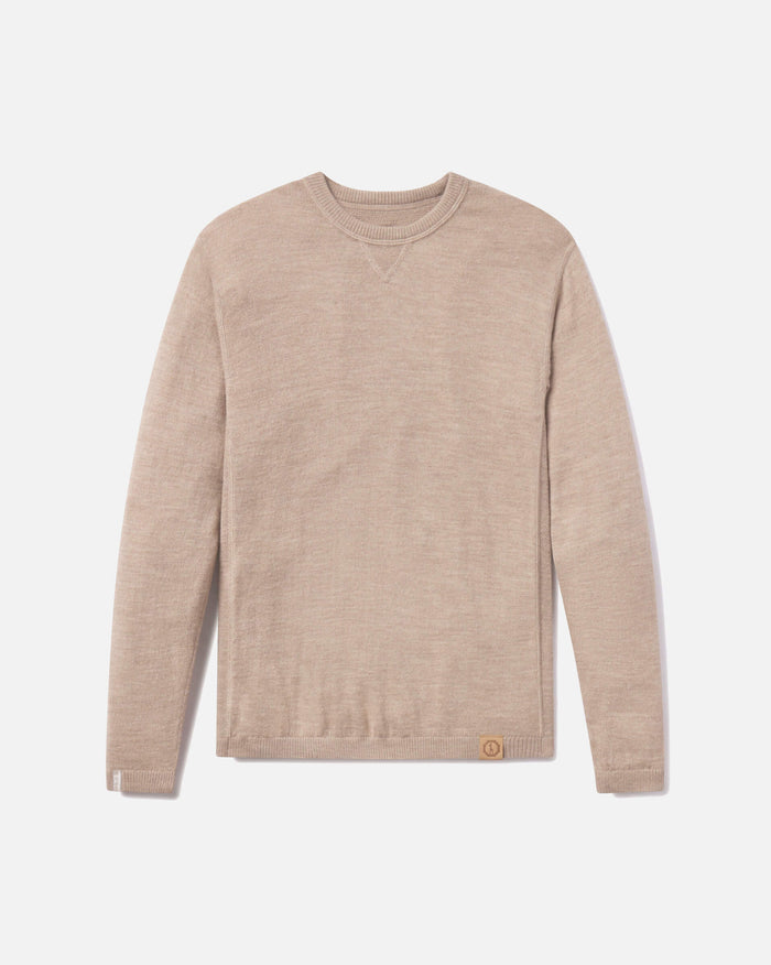 Front view of Lightweight Crew sweater in. Timber/ Tan showcasing crewneck, ribbed collar and hem, side-seam detail and leather logo patch on white background
