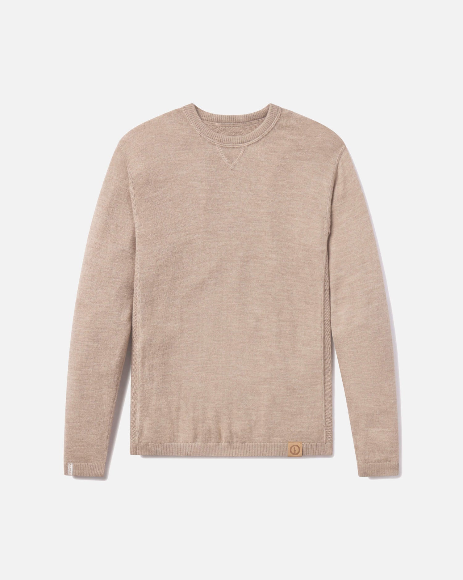 Front view of Lightweight Crew sweater in. Timber/ Tan showcasing crewneck, ribbed collar and hem, side-seam detail and leather logo patch on white background