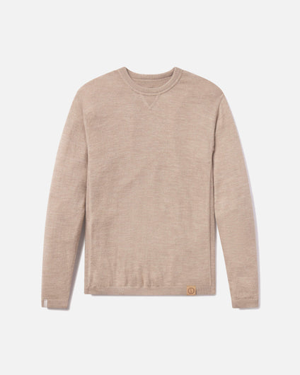 Front view of Lightweight Crew sweater in. Timber/ Tan showcasing crewneck, ribbed collar and hem, side-seam detail and leather logo patch on white background