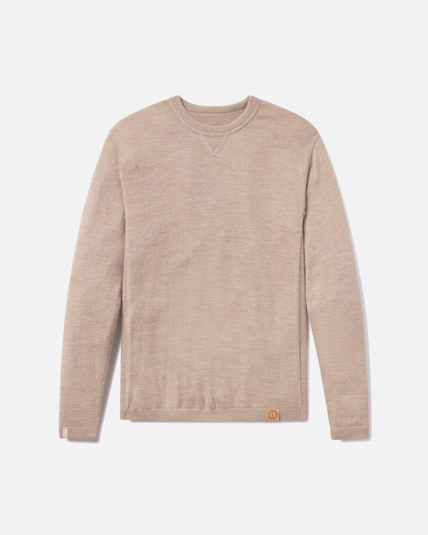 Front view of Lightweight Crew sweater in. Timber/ Tan showcasing crewneck, ribbed collar and hem, side-seam detail and leather logo patch on white background