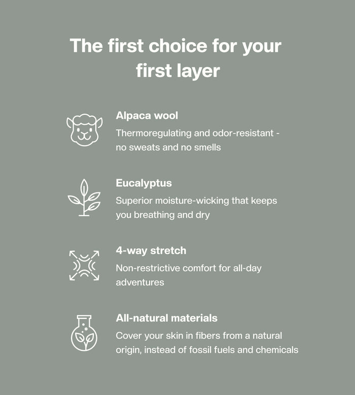 Infographic: The first choice for your first layer - alpaca wool thermoregulating, eucalyptus moisture-wicking, 4-way stretch