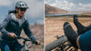 Two outdoor scenes: person mountain biking in crew trail socks, and close-up of feet in crew socks resting on a vehicle with trail view