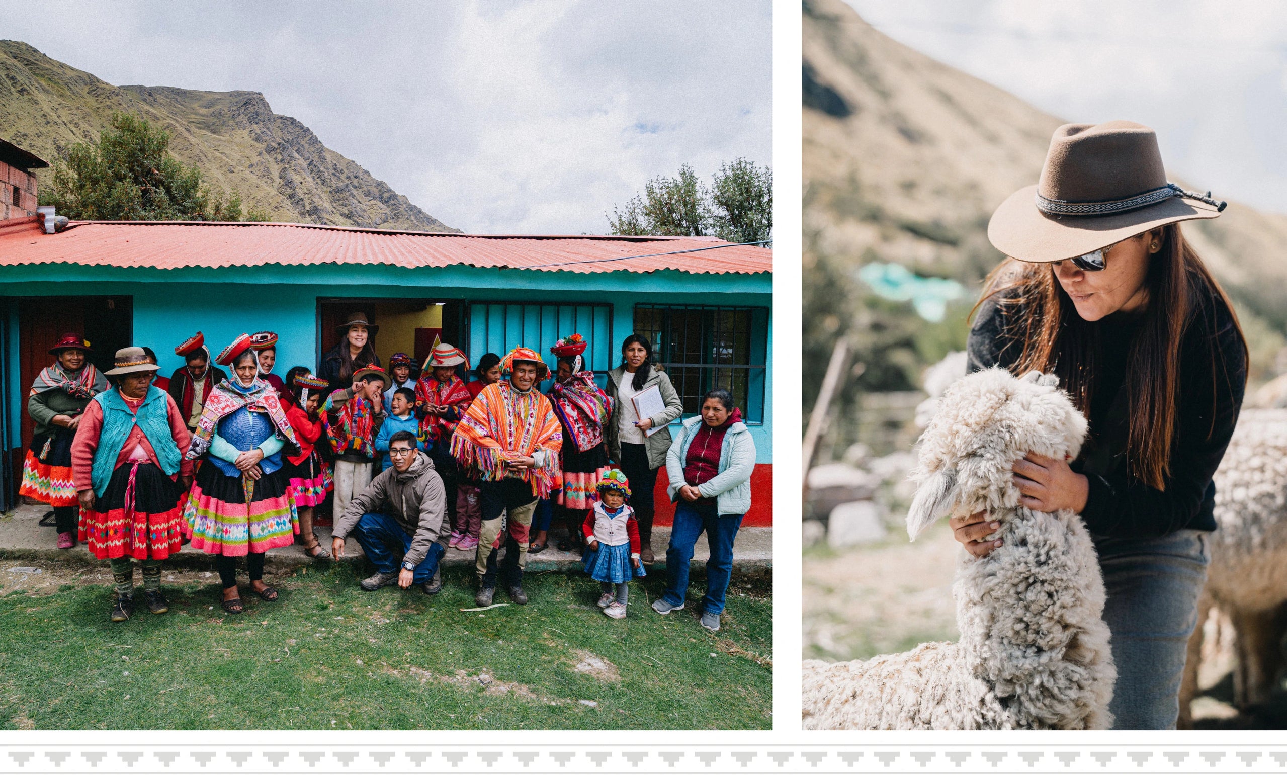 Community members seated outside a colorful building in a Peruvian village; woman holding an alpaca near mountains