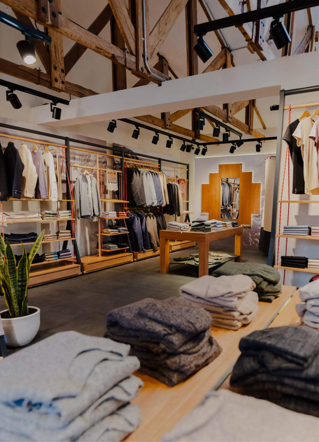 Clothing store interior with exposed wooden ceiling beams, folded sweaters on tables and jackets hanging on racks
