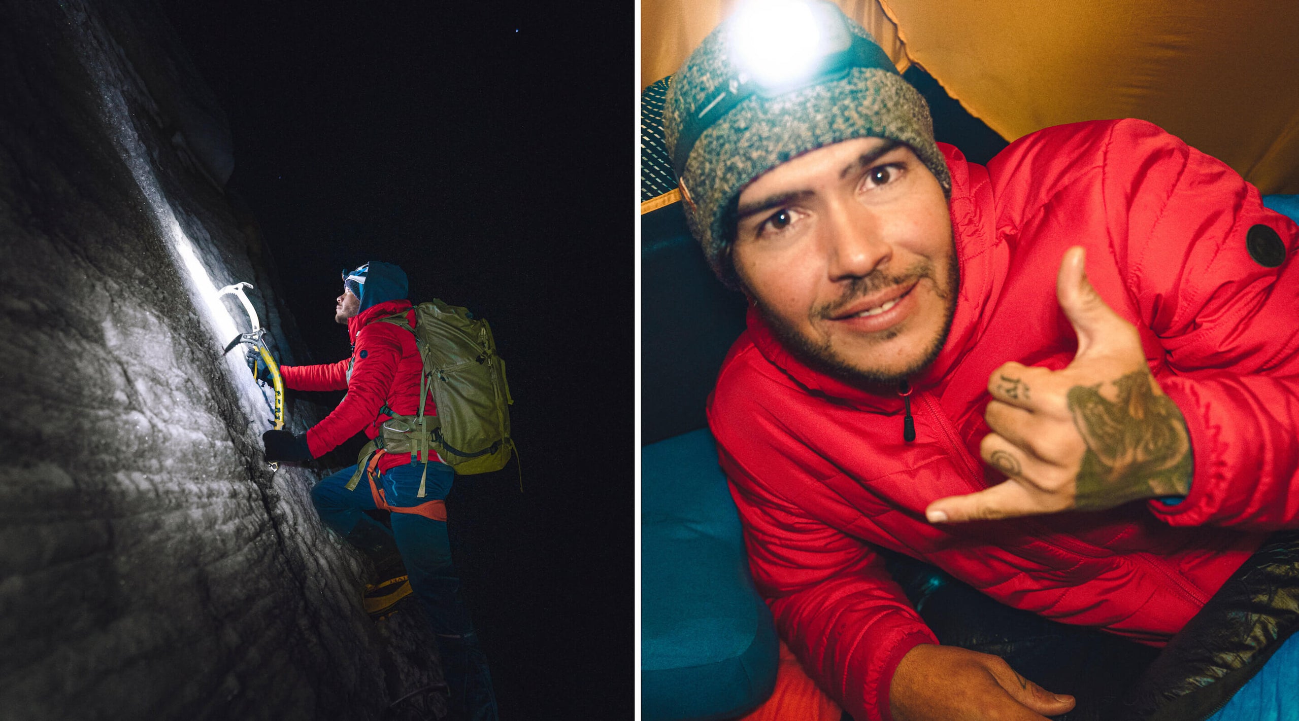 Man climbing a mountain in a jacket in the dark. Another picture of a man in a tent with a headlamp giving a shaka