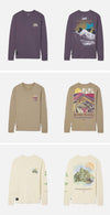 Front view of Explore Peru long-sleeve tees showcasing Ausangate, Rainbow Mountain and Machu Picchu graphics on solid backgrounds