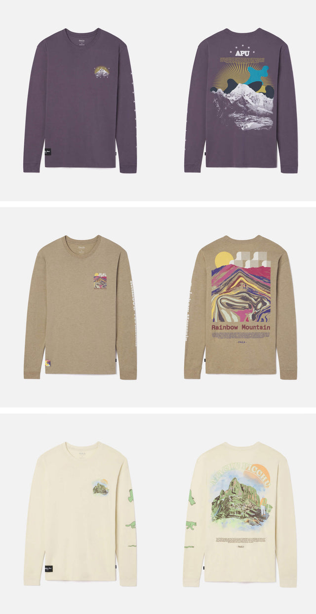 Front view of Explore Peru long-sleeve tees showcasing Ausangate, Rainbow Mountain and Machu Picchu graphics on solid backgrounds