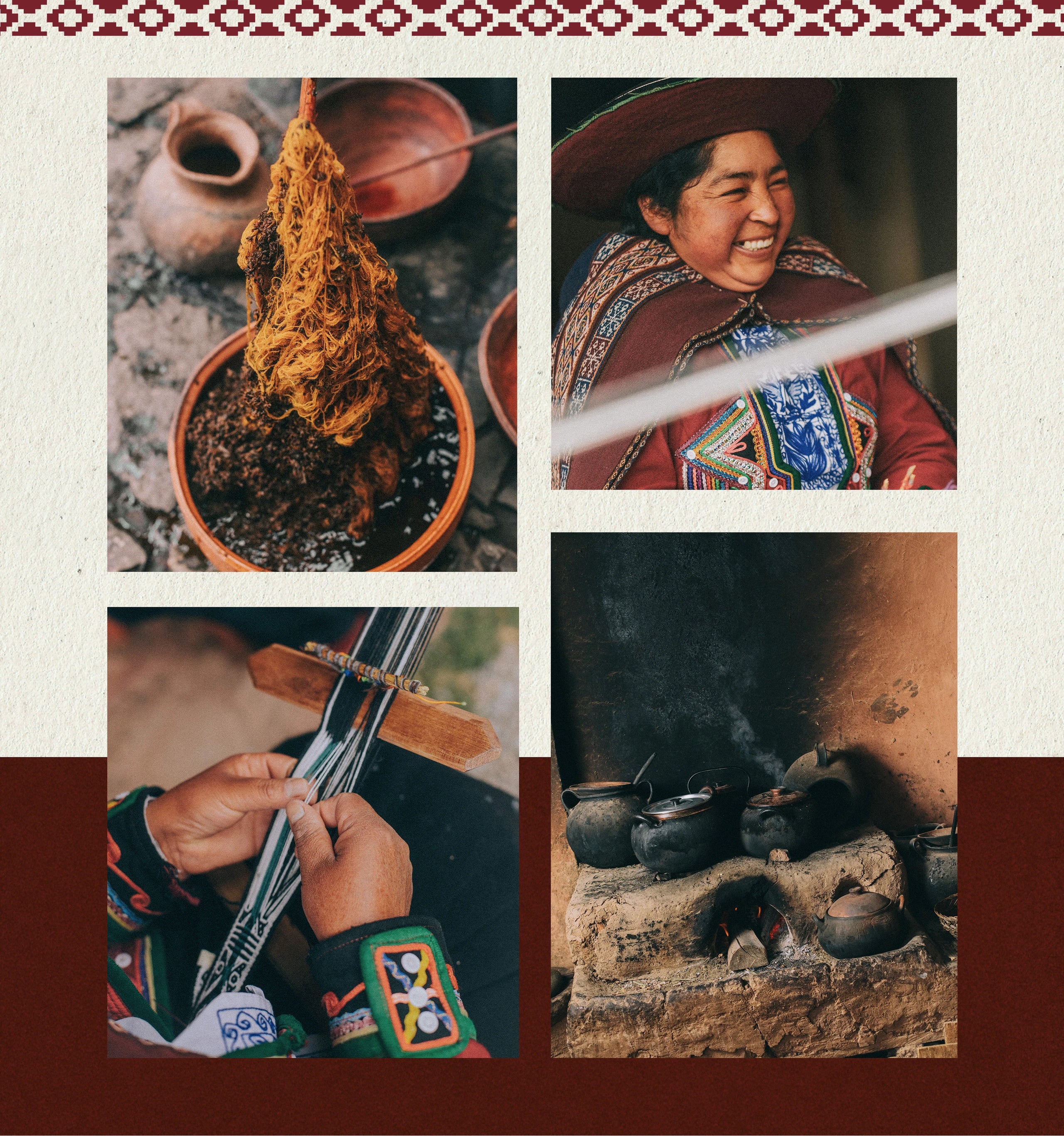 Collage of traditional activities including pottery, weaving, and a person in traditional attire.