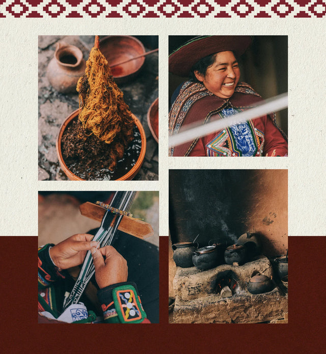 Collage of traditional activities including weaving and pottery-making with a decorative border.