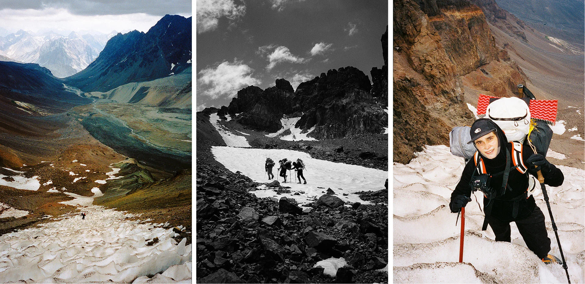 Collage of climbers ascending snowy Andes peaks and camping at a high-altitude basecamp