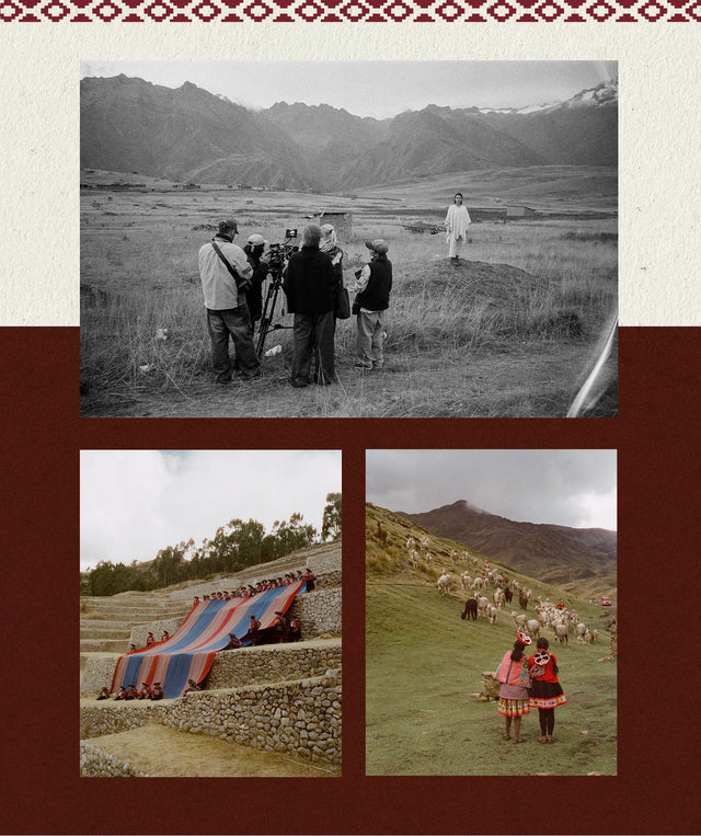 Three-photo collage of Andean people walking and weaving in mountain highland landscapes